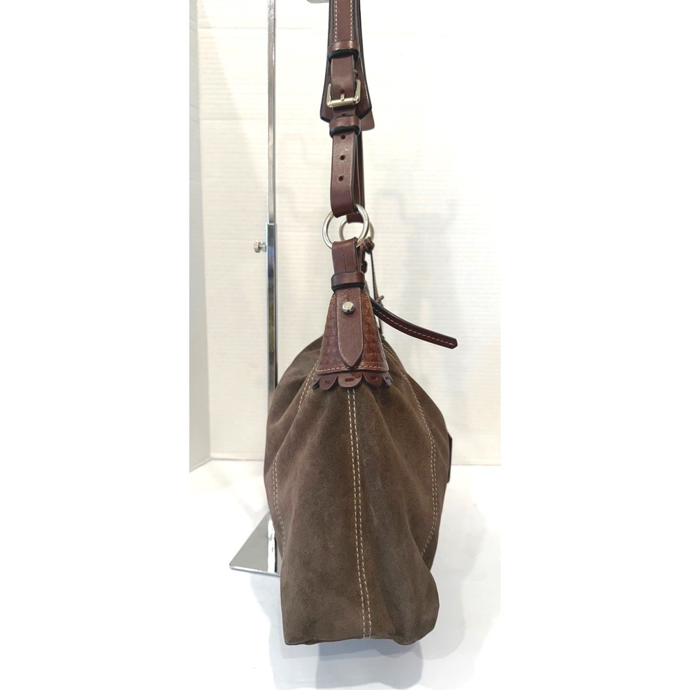 Dooney & Bourke Medium Brown  Suede Leather Scalloped Hobo Bag Purse - Picture 4 of 8